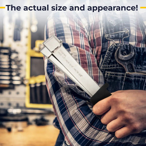 Heavy Duty Hammer Tacker Stapler For 3/8 Inch Crown Staples with grip shown in hand, actual size and appearance.