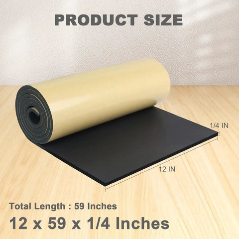 Premium Closed Cell Neoprene Foam Sheet With Adhesive Backing 12 X 59 X One Quarter Inch Rubber Padding rolled on wood surface.