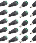 Heavy Duty 12V DC Power Connectors 5.5mm X 2.1mm Barrel Jack Adapters showing 20 solderless straight wire plugs in a grid layout.