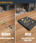 Before and after of Badass Router Bit Storage Inserts Housing Fifty Half Inch And Sixty Quarter Inch Holder Slots With Thick Foam.
