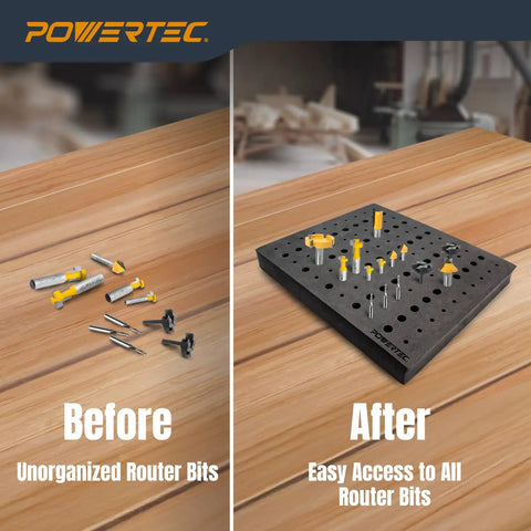 Before and after of Badass Router Bit Storage Inserts Housing Fifty Half Inch And Sixty Quarter Inch Holder Slots With Thick Foam.