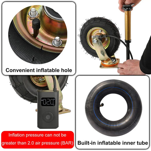 Heavy Duty 360 Degree Swivel Caster Wheels Pair Inflatable Rubber Tires With Parking Brake showing inflatable hole and inner tube.