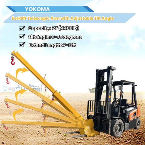 Built Tough Forklift Jib Boom Telescopic Crane Attachment With 0 To 75 Degrees Tilt And 4400 Pound Capacity on forklift.