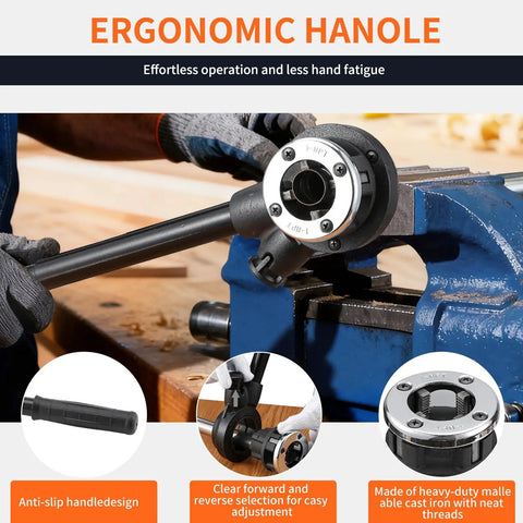 Ratcheting Pipe Threader Kit For Plumbers With Three NPT Dies One Half Inch Three Quarter Inch And One Inch Heavy Duty Pro Grade Portable Pipe Die Tool With Storage Case For Galvanized Steel Iron Copper Aluminum Pipes shown with ergonomic handle in use.