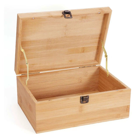Wooden box with open lid supported by gold lid support hinge set with 20 screws, foldable lid stay safety hinges for wooden boxes.