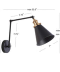 Industrial Metal Adjustable Arm LED Wall Sconce 7 Inch Black and Brass Gold with dimensions and metal shade details.