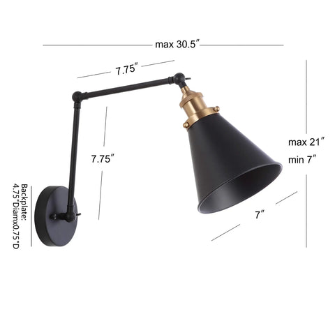 Industrial Metal Adjustable Arm LED Wall Sconce 7 Inch Black and Brass Gold with dimensions and metal shade details.