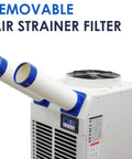 Built Tough Portable Air Conditioner With Bulky 14L Tank And Easy Roll Caster Wheels For Heavy Duty Spot Cooling In Warehouses Workshops And Clinics 110V 1800W Mobile Cooler Rig with removable air strainer filter and dual exhaust vents.