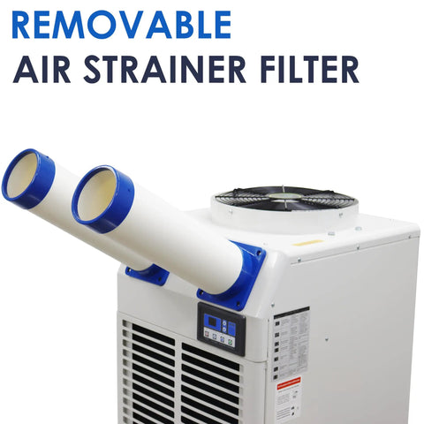 Built Tough Portable Air Conditioner With Bulky 14L Tank And Easy Roll Caster Wheels For Heavy Duty Spot Cooling In Warehouses Workshops And Clinics 110V 1800W Mobile Cooler Rig with removable air strainer filter and dual exhaust vents.