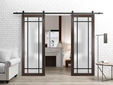 Boss Built To Last Heavy Duty Double Barn Door With Frosted Glass And Black Rail Hardware Includes 13 Ft Track Hangers