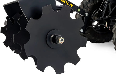 Close-up of ATV UTV Disc Harrow Implement for Tough Ground With Eight Rotating Discs to Break Up Clods and Fluff Hard Soil.