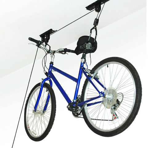Bicycle Hoist Garage Storage Kit 2-Pack With 100 Lb Capacity, No Sweat Install Ceiling Mounted Bike Lift, Rubber Coated Hooks
