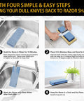 Steps for using Japanese Whetstone Sharpener Set 400 1000 and 3000 8000 Grit Water Stones with bamboo base and guides.