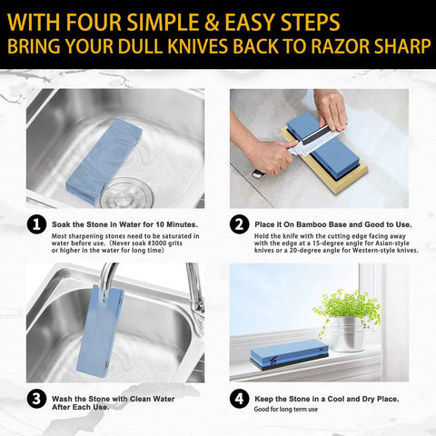 Steps for using Japanese Whetstone Sharpener Set 400 1000 and 3000 8000 Grit Water Stones with bamboo base and guides.