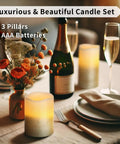 LED Flameless Candles Three Pack With Remote Control And Timer Gold Beaded Glitter Finish for elegant dinner table setting.