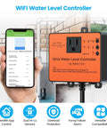 WiFi Sump Pump Controller With Alarm And Real Time Water Level Monitoring For Sump Submersible And Utility Pumps Smart App Remote Control Real Time Alerts For Failures And Overloads Keep Basement Dry And Prevent Floods, orange wall unit with phone app