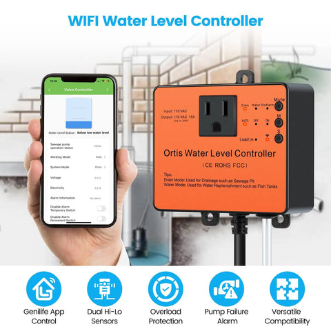 WiFi Sump Pump Controller With Alarm And Real Time Water Level Monitoring For Sump Submersible And Utility Pumps Smart App Remote Control Real Time Alerts For Failures And Overloads Keep Basement Dry And Prevent Floods, orange wall unit with phone app