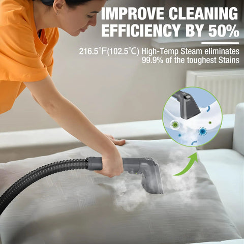 User using Slick Steam Portable Carpet And Upholstery Cleaner With 16Kpa Pressure on upholstered couch with steam.