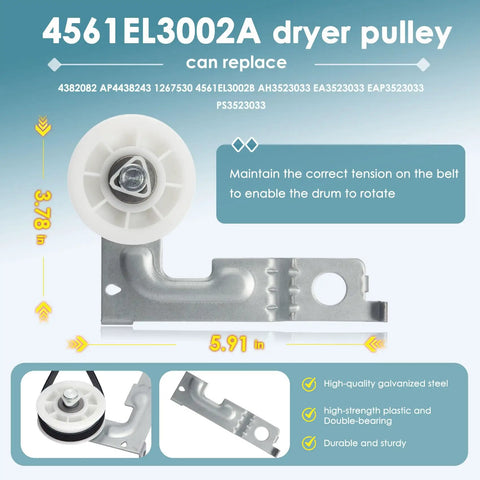 Dryer Drum Roller Kit Compatible With DLEX8100V DLGX9001V DLEX8000V with galvanized steel dryer pulley measuring 3.78 in and 5.91 in.
