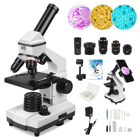 All In One Compound Microscope Kit For Kids And Adults 100X To 2000X With Dual LED 4X 10X 40X Objectives Prepared Slides