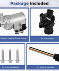 Straight Bolt On Electric Engine Water Pump With Thermostat Housing, includes pump, thermostat, mounting bolts, and wiring harness.