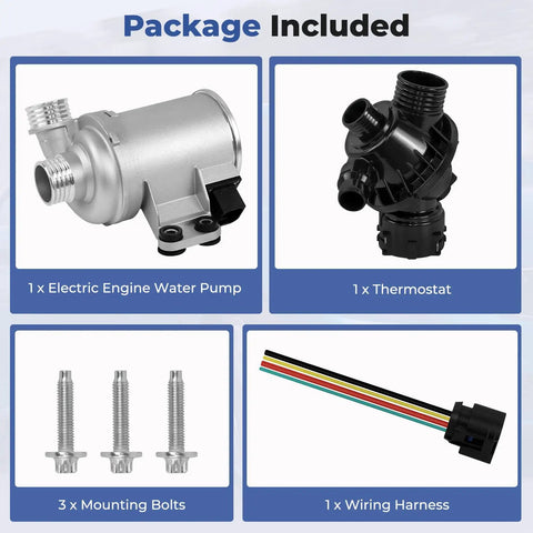 Straight Bolt On Electric Engine Water Pump With Thermostat Housing, includes pump, thermostat, mounting bolts, and wiring harness.