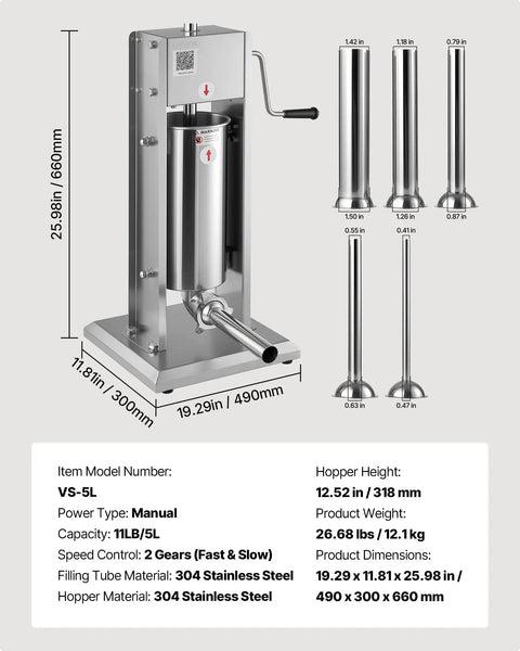Manual Sausage Stuffer 11 Lbs Vertical Meat Filler with 5 stuffing tubes, stainless steel dual speed casing filling machine.