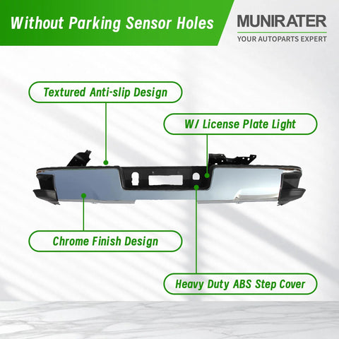 Rear bumper assembly for 2014–2018 Silverado/Sierra 1500, chrome finish, without park assist sensor holes