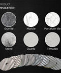 Diagram showing usage of Pro Grade Diamond Polishing Pads Set 9 Pcs 4 Inch 100mm Dry N Wet Polishing Pads on various stone surfaces.