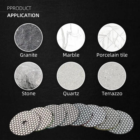 Diagram showing usage of Pro Grade Diamond Polishing Pads Set 9 Pcs 4 Inch 100mm Dry N Wet Polishing Pads on various stone surfaces.