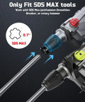 SDS Max tool compatibility with 0.7in connection; two rotary hammers showing connection design for SDS Max Clay Spade Bit Four And One Half Inch By Seventeen Inch Heavy Duty Steel Shovel Bit For Rotary Hammer And Demolition Hammer Digging In Clay Soil Gravel Sandstone Adobe.