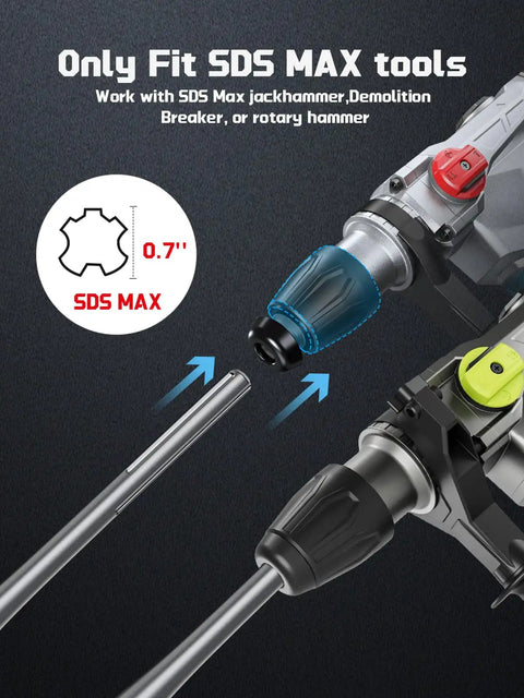 SDS Max tool compatibility with 0.7in connection; two rotary hammers showing connection design for SDS Max Clay Spade Bit Four And One Half Inch By Seventeen Inch Heavy Duty Steel Shovel Bit For Rotary Hammer And Demolition Hammer Digging In Clay Soil Gravel Sandstone Adobe.
