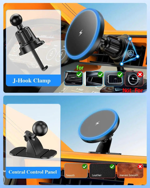 3 In 1 Wireless Car Mount Charger With RGB LED Handsfree Magnetic Phone Holder on car vent with clamp