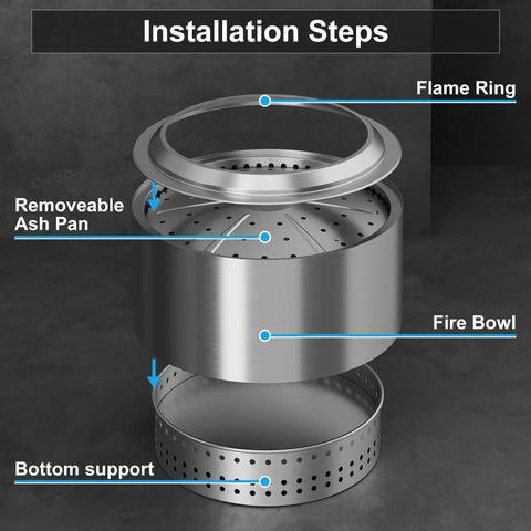 Exploded view of Smokeless 19.5 Inch Stainless Steel Fire Pit With Waterproof Bag And Poker For Patio, Camping And Backyard components.