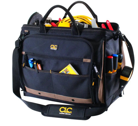 Heavy Duty Tool Bag With 50 Pockets And Large Center Compartment, Multi-Compartment Tool Organizer For Power Tools, Zippered Spill Proof Design, Durable Construction For Trade Pros filled with tools and cables.