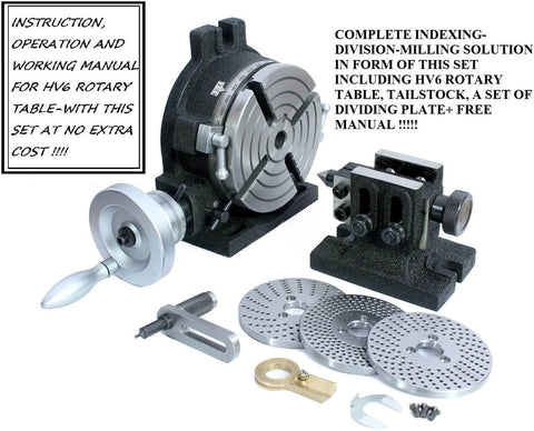 Pro Grade HV6 Rotary Table With Steel Dividing Plates Set And Tailstock Free Manual Milling Indexing Kit displayed with components