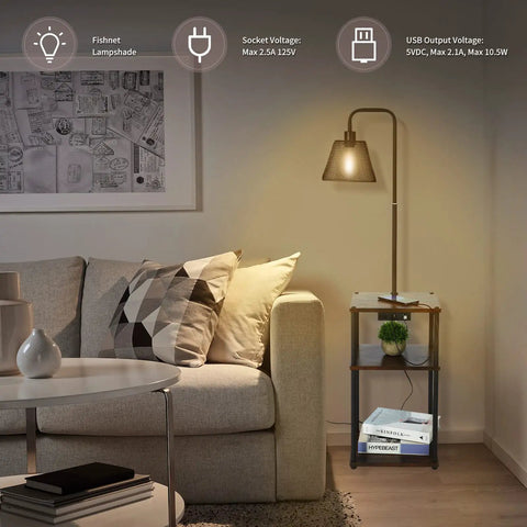Floor Lamp With Integrated Table And USB Ports, Modern Bedside Nightstand End Table Floor Light For Living Room, Bulb Included, Black Finish, 2 USB Ports And Power Outlet For Easy Charging
