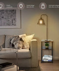 No Fuss All In One Floor Lamp With Table And Shelves Built In Two USB Ports And Outlet beside sofa in living room