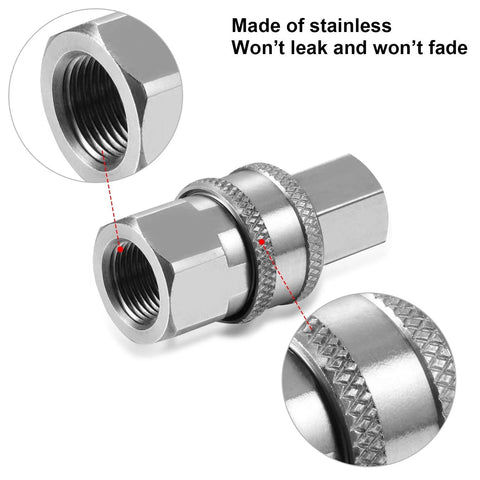 Two-pack stainless steel NPT 3/8 in male/female quick-connect adapters with internal threads for pressure washers