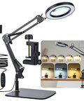 LED Magnifier Desk Lamp With Stand And Clamp Three Color Modes And Stepless Dimming 5 Diopter Real Glass Lens on desk