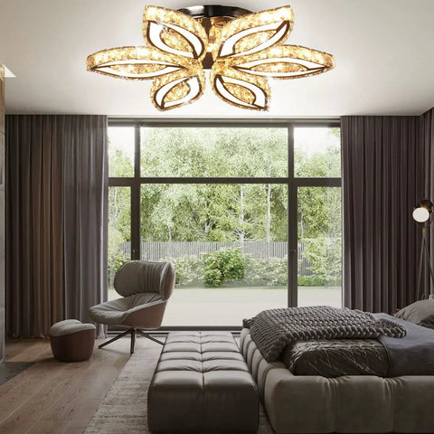 20 Inch Dimmable Modern Crystal Chandelier With LED Flower Design, K9 Crystal Pendant Ceiling Light in a cozy bedroom
