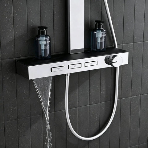 Exposed Shower Faucet System Piano Key Diverter Control Chrome with chrome finish, adjustable hand shower and water flow.