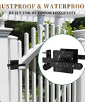 Rock Solid Heavy Duty Double Sided Gate Latch With Handles black aluminum latch on a white garden gate, rustproof and waterproof.