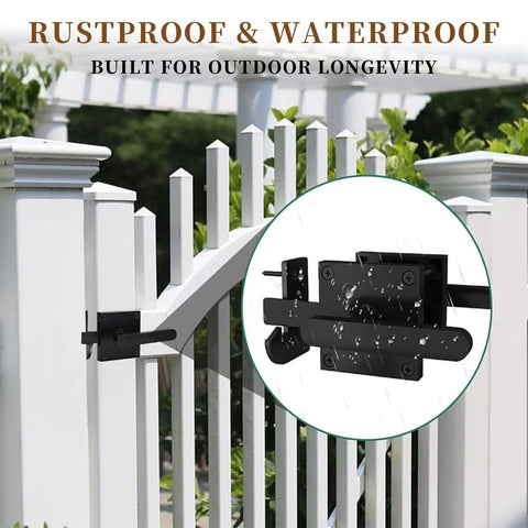 Rock Solid Heavy Duty Double Sided Gate Latch With Handles black aluminum latch on a white garden gate, rustproof and waterproof.