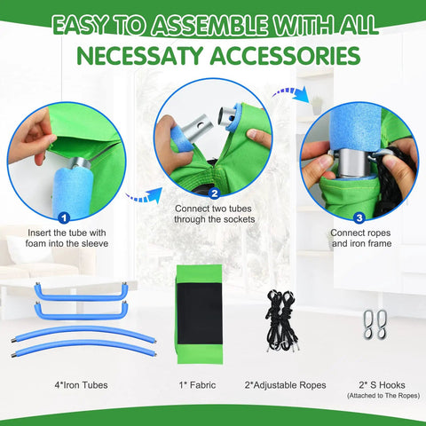 Assembly instructions for Giant 60 Inch Platform Tree Swing for Kids and Adults showing tubes, ropes, and connectors.