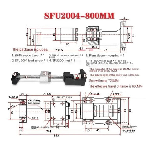 Ultra Low Backlash Ball Screw SFU2004 800mm Travel For CNC Machines And Precision Linear Motion, smooth steel screw diagram