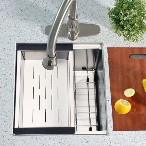Top view of Compact Stainless Steel Undermount Kitchen Sink 15 By 17 Inches, 10 Inch Deep Single Bowl with attached faucet.