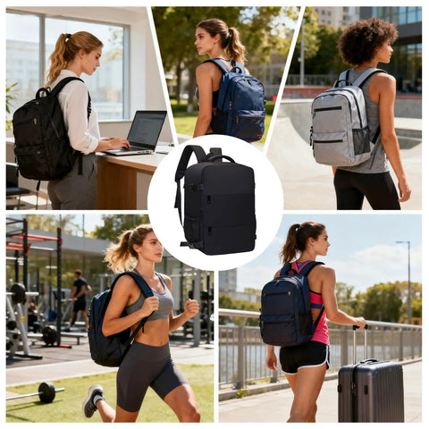 Carry On Friendly Hiking Backpack With Expandable Capacity Opens Flat For Easy Packing shown in various outdoor settings.