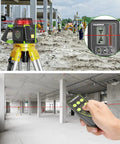Heavy Duty Electronic Self Leveling Rotary Red Laser Level Kit in a construction site, showing remote control and laser beam alignment.