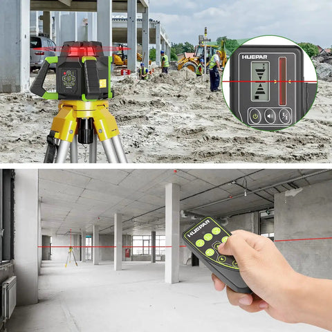 Heavy Duty Electronic Self Leveling Rotary Red Laser Level Kit in a construction site, showing remote control and laser beam alignment.